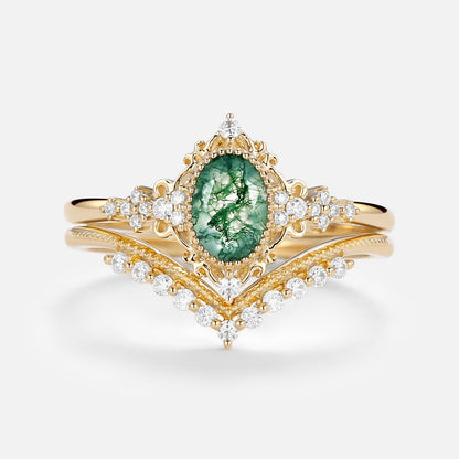 Vintage floral engagement rings Oval Moss Agate Milgrain Engagement Ring Set