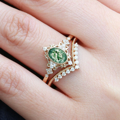 Vintage floral engagement rings Oval Moss Agate Milgrain Engagement Ring Set