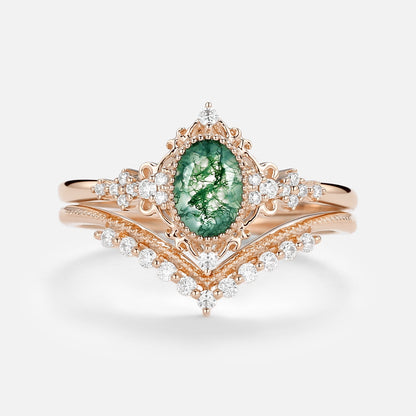 Vintage floral engagement rings Oval Moss Agate Milgrain Engagement Ring Set