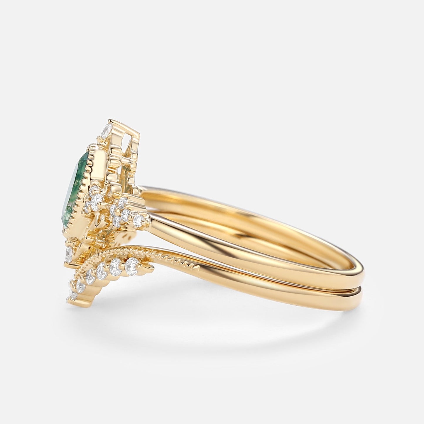 Vintage floral engagement rings Oval Moss Agate Milgrain Engagement Ring Set