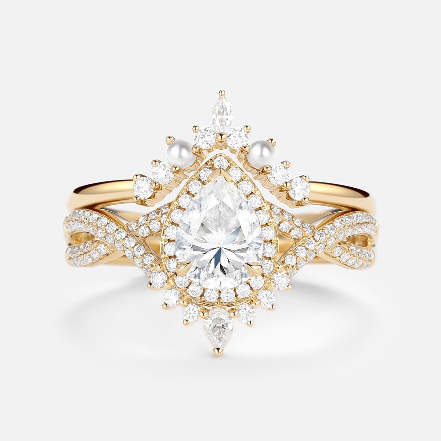 Vintage floral engagement rings Pear Moissanite and Pearl Halo Infinity Ring Set