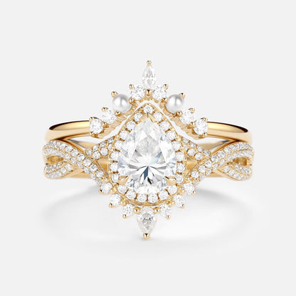 Vintage floral engagement rings Pear Moissanite and Pearl Halo Infinity Ring Set
