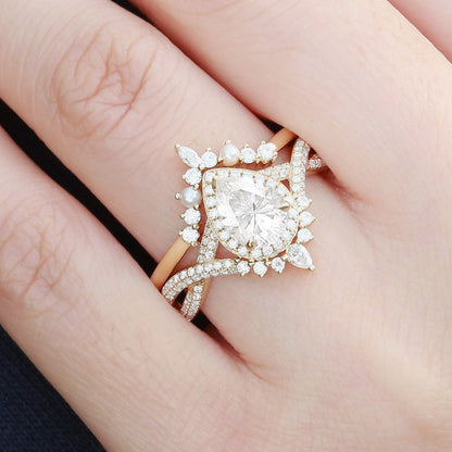 Vintage floral engagement rings Pear Moissanite and Pearl Halo Infinity Ring Set