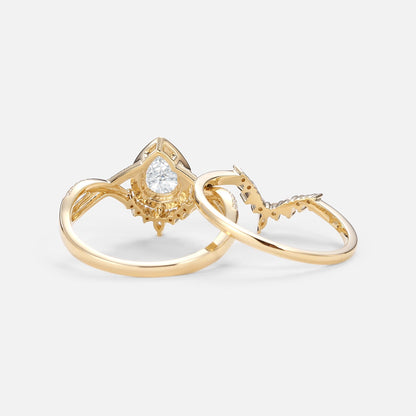 Vintage floral engagement rings Pear Moissanite and Pearl Halo Infinity Ring Set