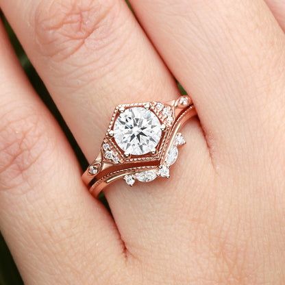 Unique floral engagement rings Round Moissanite Wedding Ring Set For Women