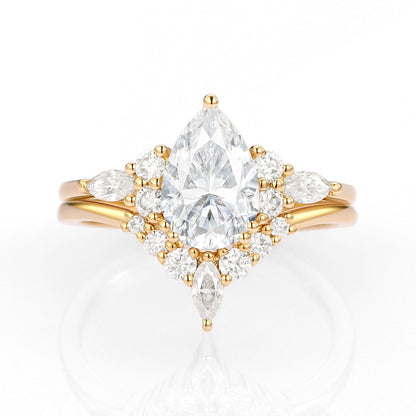 Unique floral engagement rings Pear Moissanite Bridal Ring Cluster Engagement Ring Set