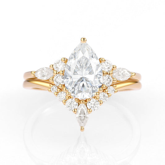 Unique floral engagement rings Pear Moissanite Bridal Ring Cluster Engagement Ring Set