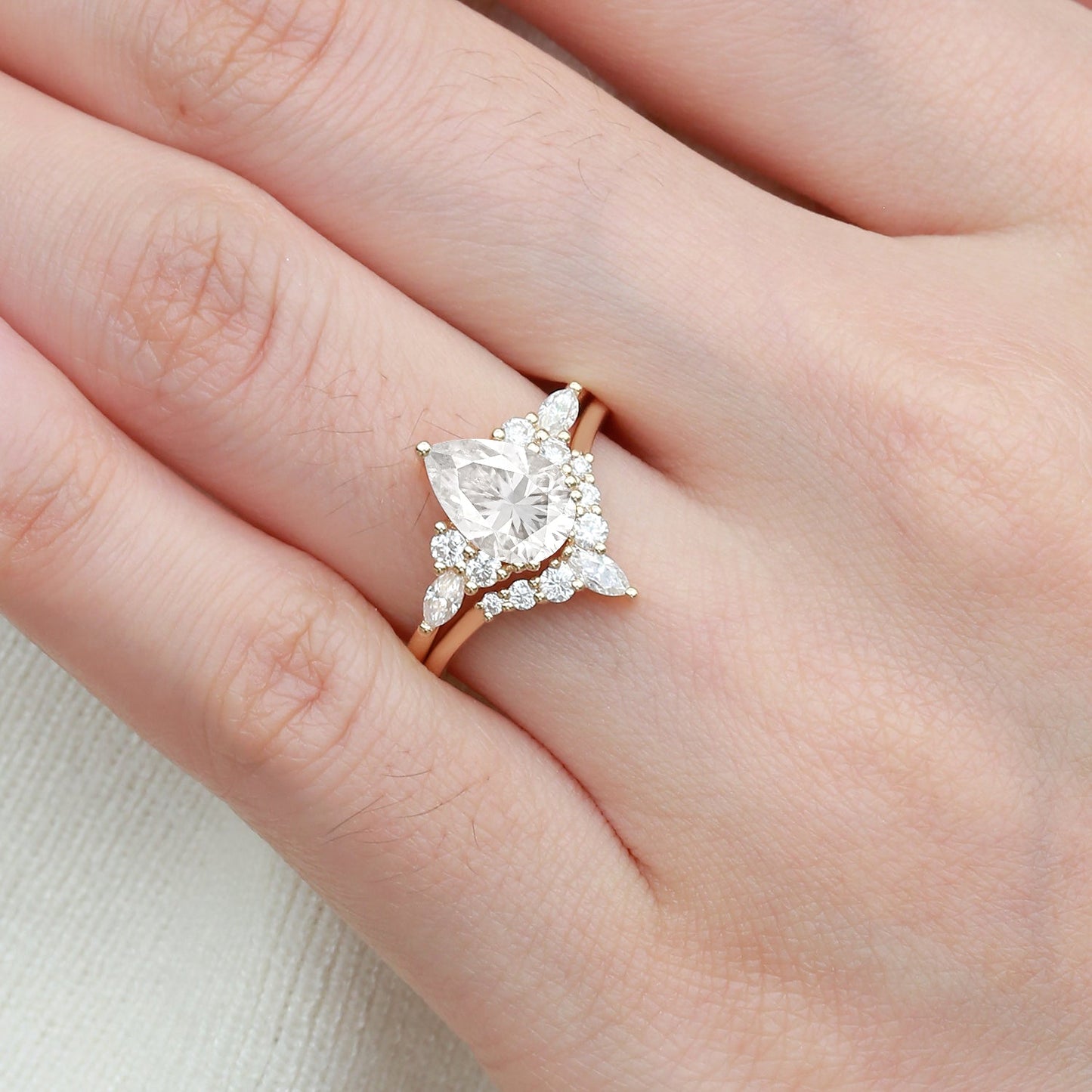 Unique floral engagement rings Pear Moissanite Bridal Ring Cluster Engagement Ring Set