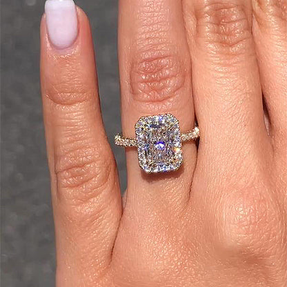 Halo Radiant Cut Golden Tone Engagement Ring