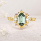 Unique Long Hexagon Green Lab Sapphire Cluster 18K Yellow Gold Wedding Ring Promise Ring For Women