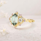 Unique Long Hexagon Green Lab Sapphire Cluster 18K Yellow Gold Wedding Ring Promise Ring For Women