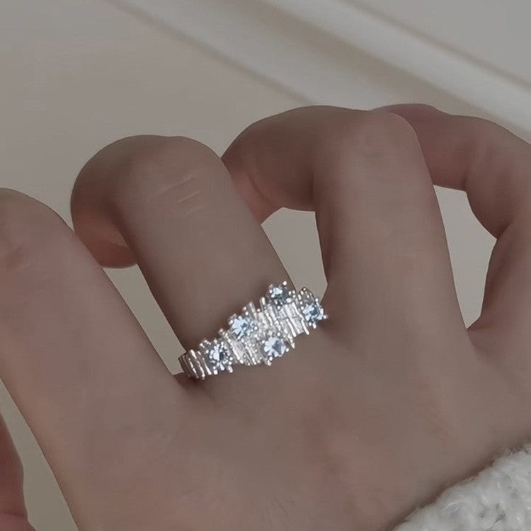 Irregular Wrinkle Blue Stone Open Ring In Sterling Silver