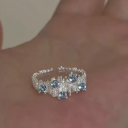 Irregular Wrinkle Blue Stone Open Ring In Sterling Silver