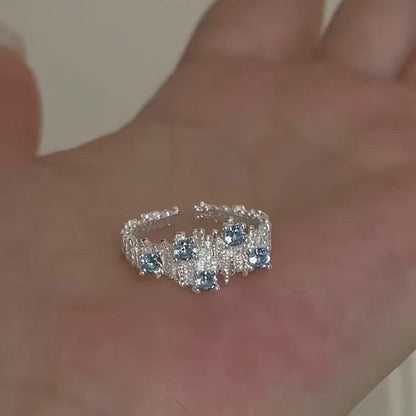 Irregular Wrinkle Blue Stone Open Ring In Sterling Silver