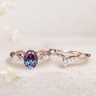 Vintage Oval Lab Alexandrite and Moissanite Curved 18K Rose Gold Wedding Ring Set Bridal Ring Set