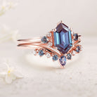Unique Cluster Hexagon Cut Lab Alexandrite Seven Stone Gemstone 18K Rose Gold Ring Set