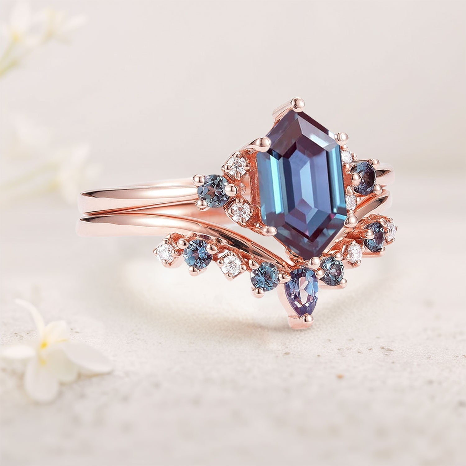 Unique Cluster Hexagon Cut Lab Alexandrite Seven Stone Gemstone 18K Rose Gold Ring Set