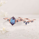 Unique Cluster Hexagon Cut Lab Alexandrite Seven Stone Gemstone 18K Rose Gold Ring Set
