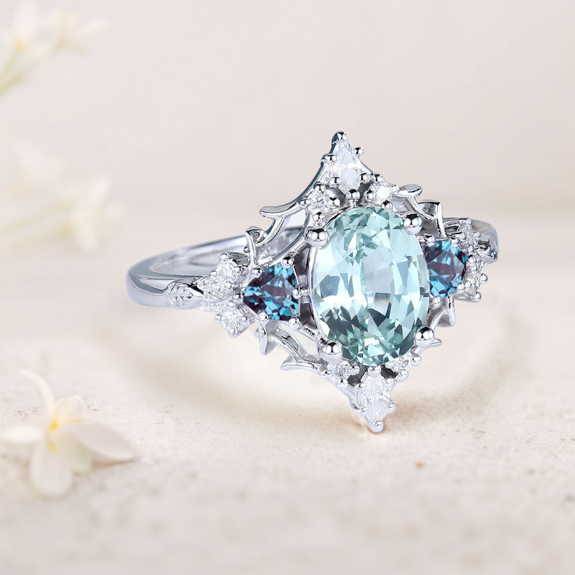Vintage Briar Rose Oval Green Lab Sapphire and Alexandrite 18K White Gold Engagement Ring Filigree Ring