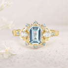 Unique floral engagement rings Emerald Cut Lab Aquamarine Flower Engagement Ring Aquamarine Halo Leaf 18K Yellow Gold Wedding Ring