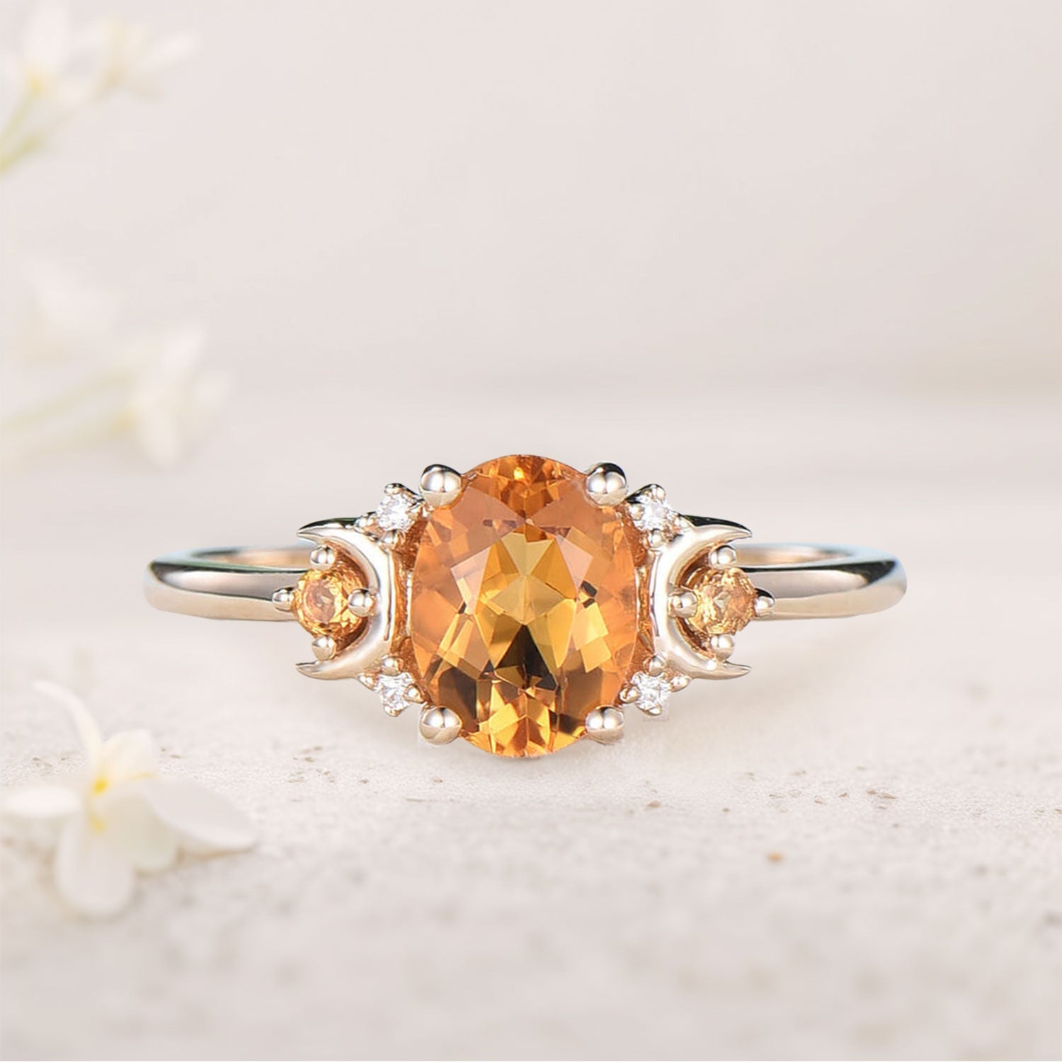 Vintage Moon Inspired Citrine Engagement Ring Anniversary Ring Magic Crescent Moon 18K Yellow Gold Healing Gem Ring