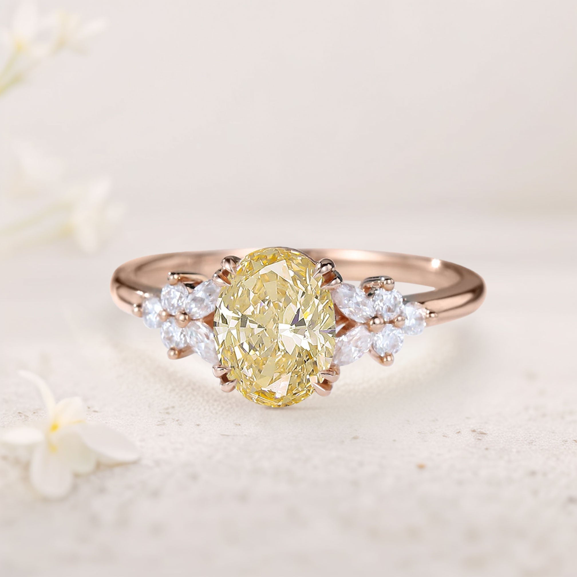 Unique Oval Citrine Blossom 18K Rose Gold Engagement Ring