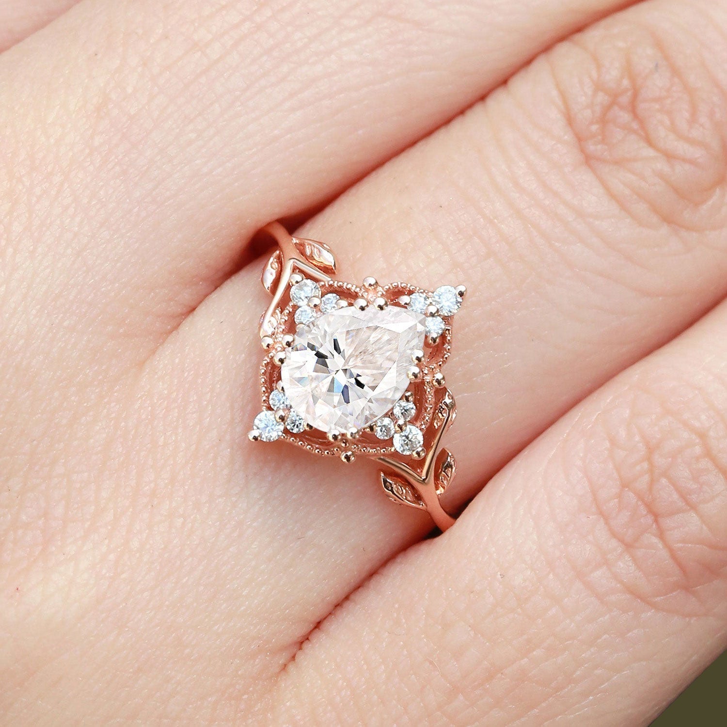 Vintage floral engagement rings Pear Moissanite Leafy 18K Yellow Gold Engagement Ring