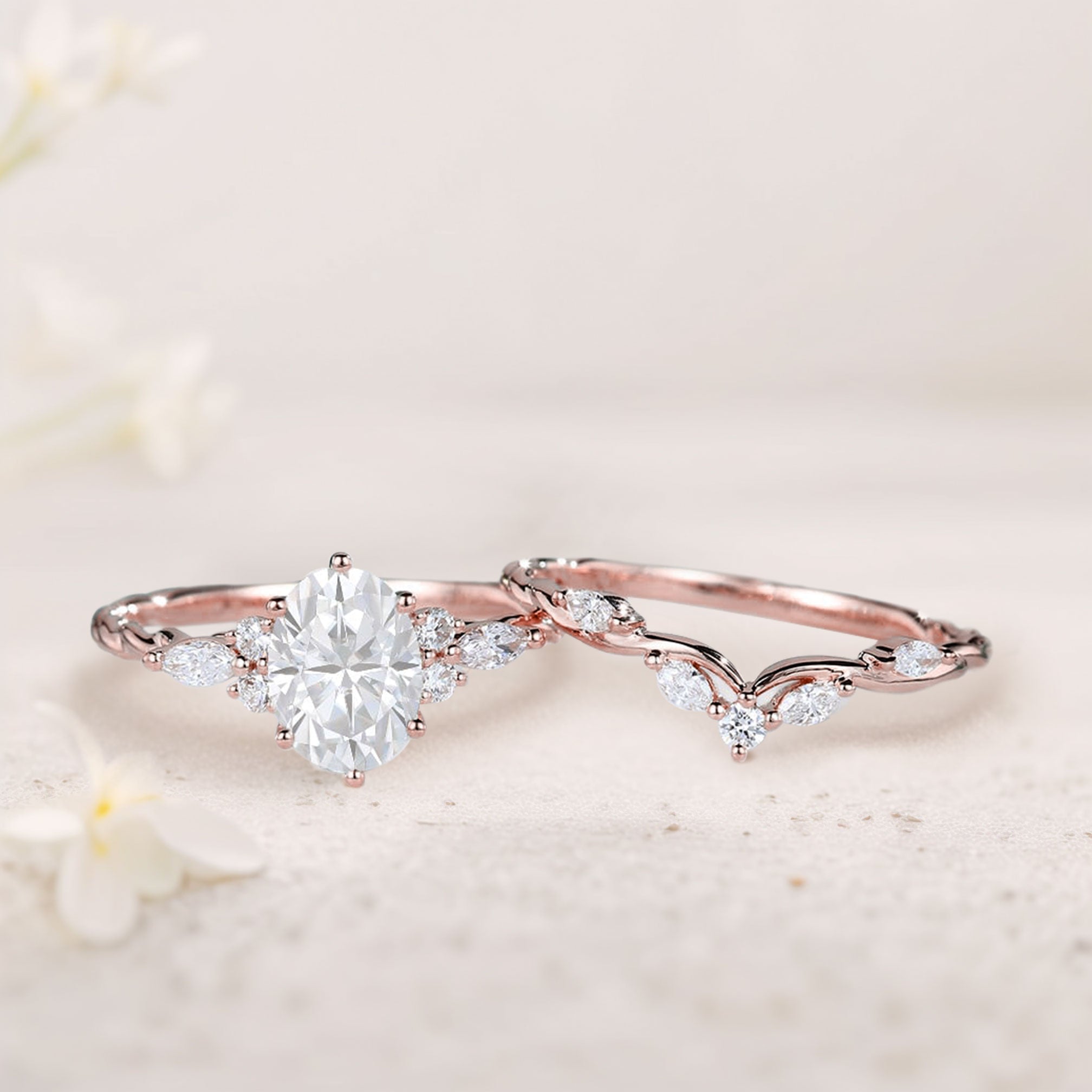 Unique Oval Forever One Moissanite Bridal Ring Set Twisted 18K Rose Gold Engagement Ring