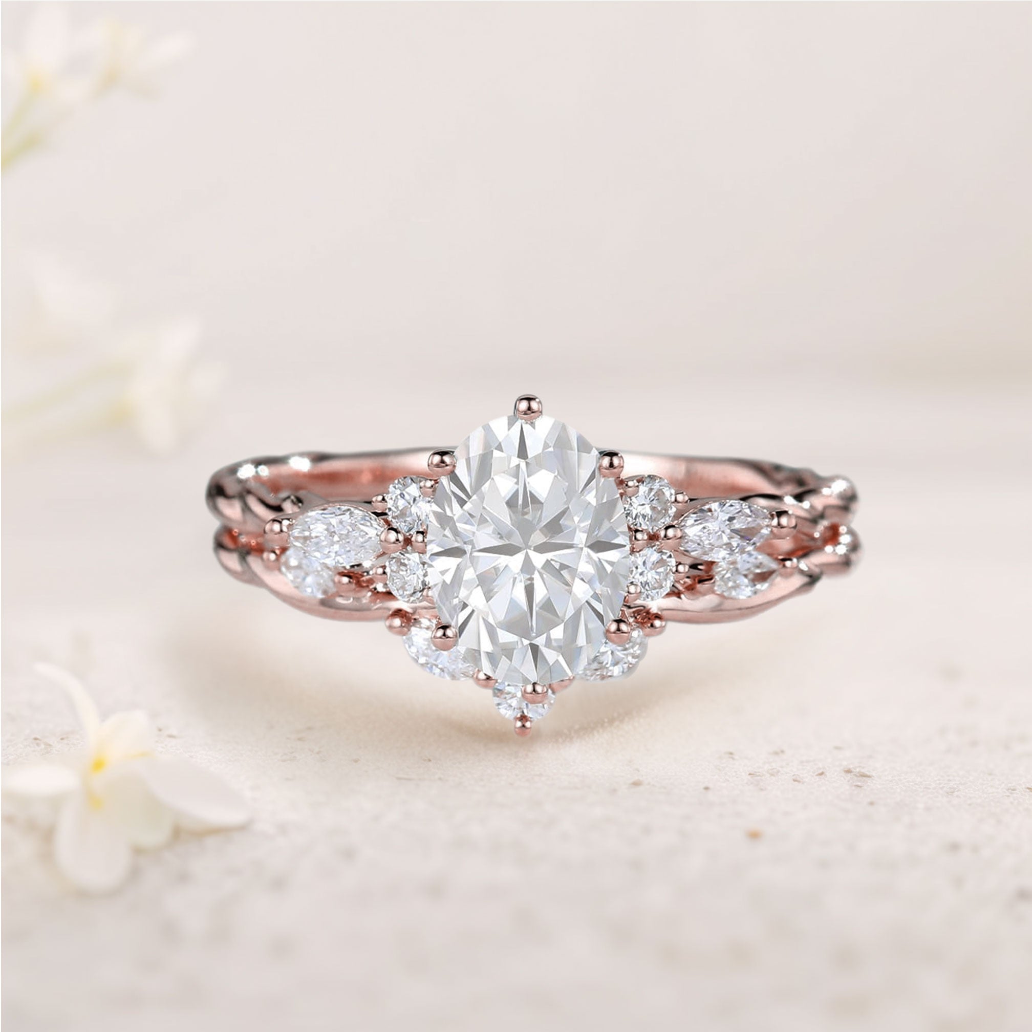 Unique Oval Forever One Moissanite Bridal Ring Set Twisted 18K Rose Gold Engagement Ring