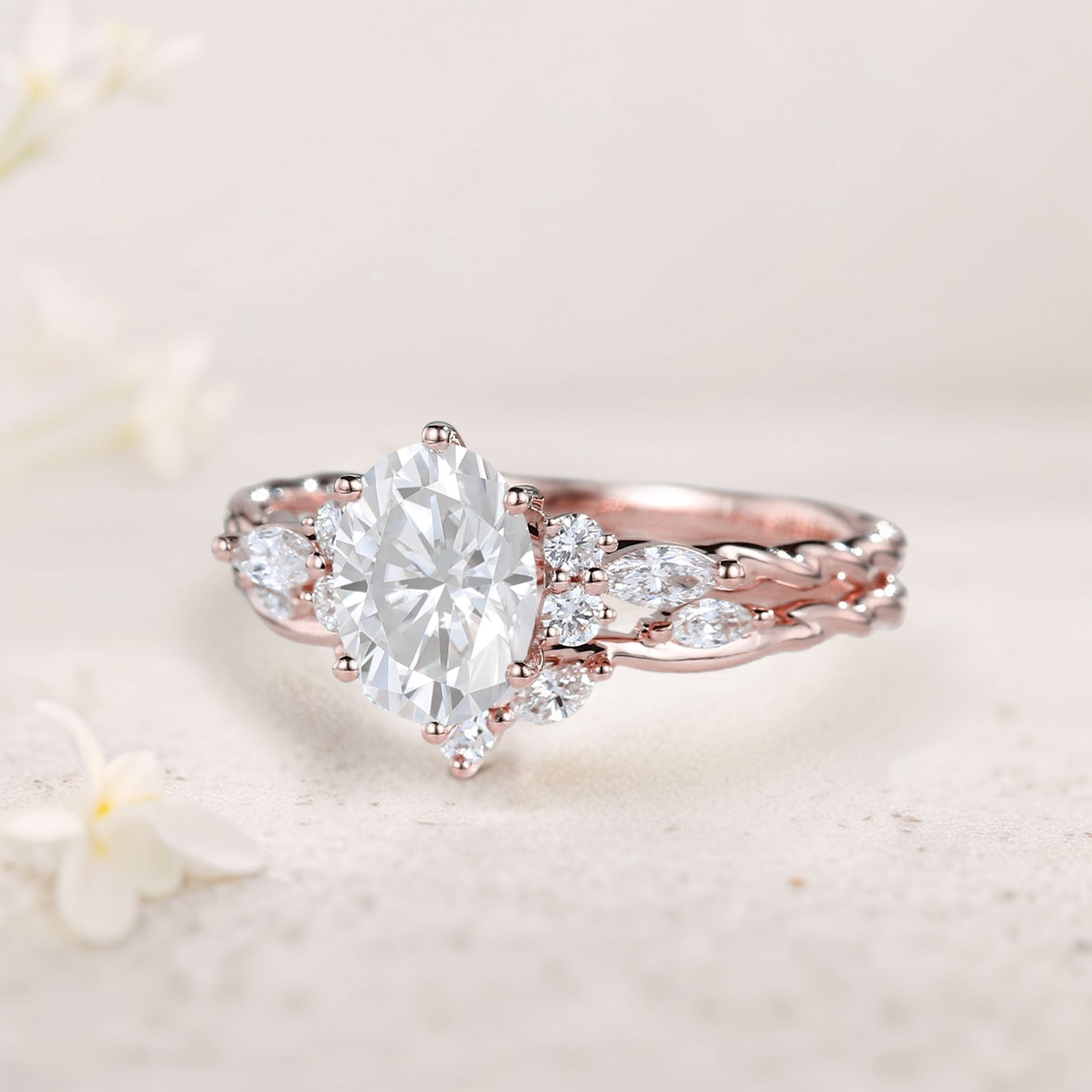 Unique Oval Forever One Moissanite Bridal Ring Set Twisted 18K Rose Gold Engagement Ring