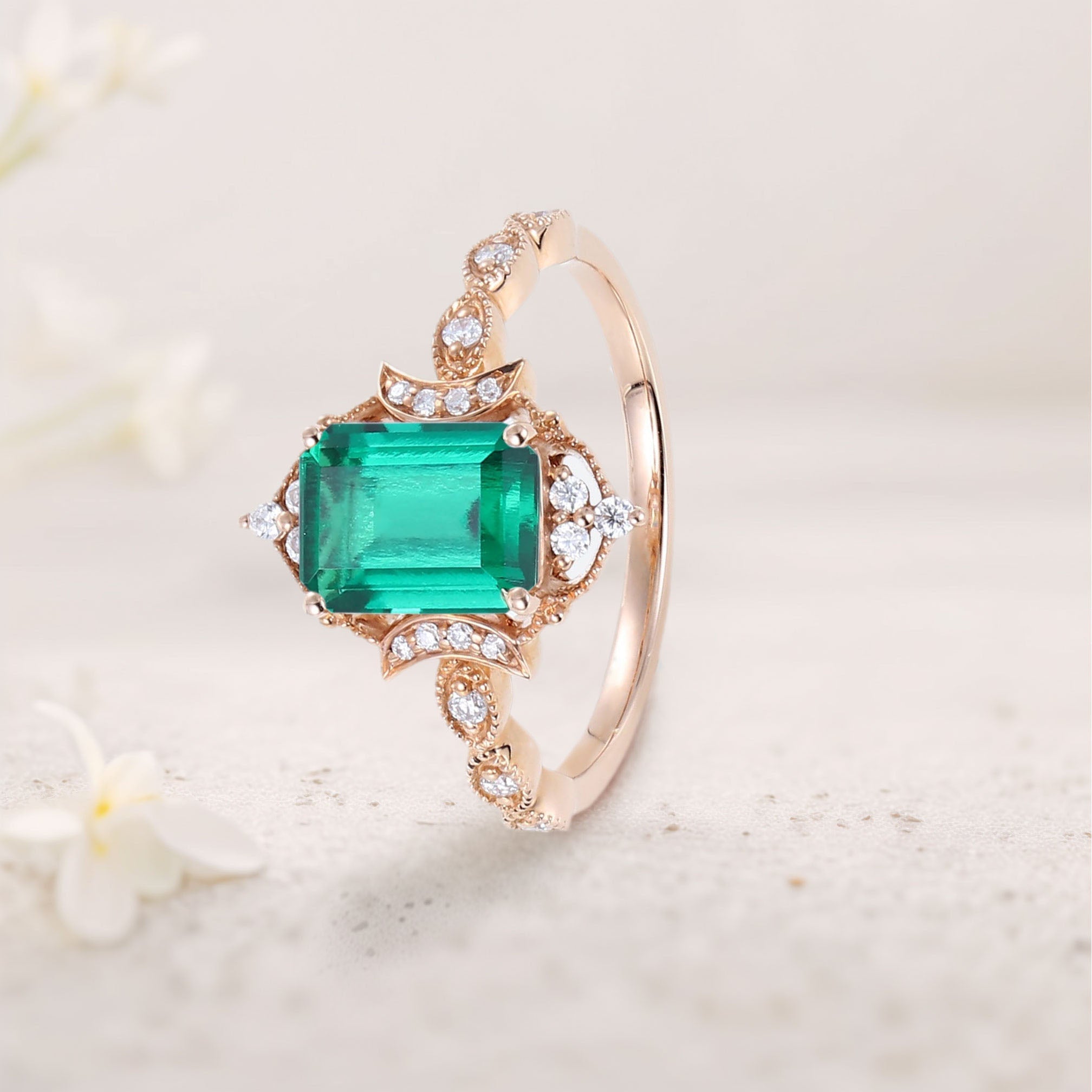 Vintage Lab Emerald 18K Yellow Gold Engagement Ring Whimsical Charm Bridal Ring