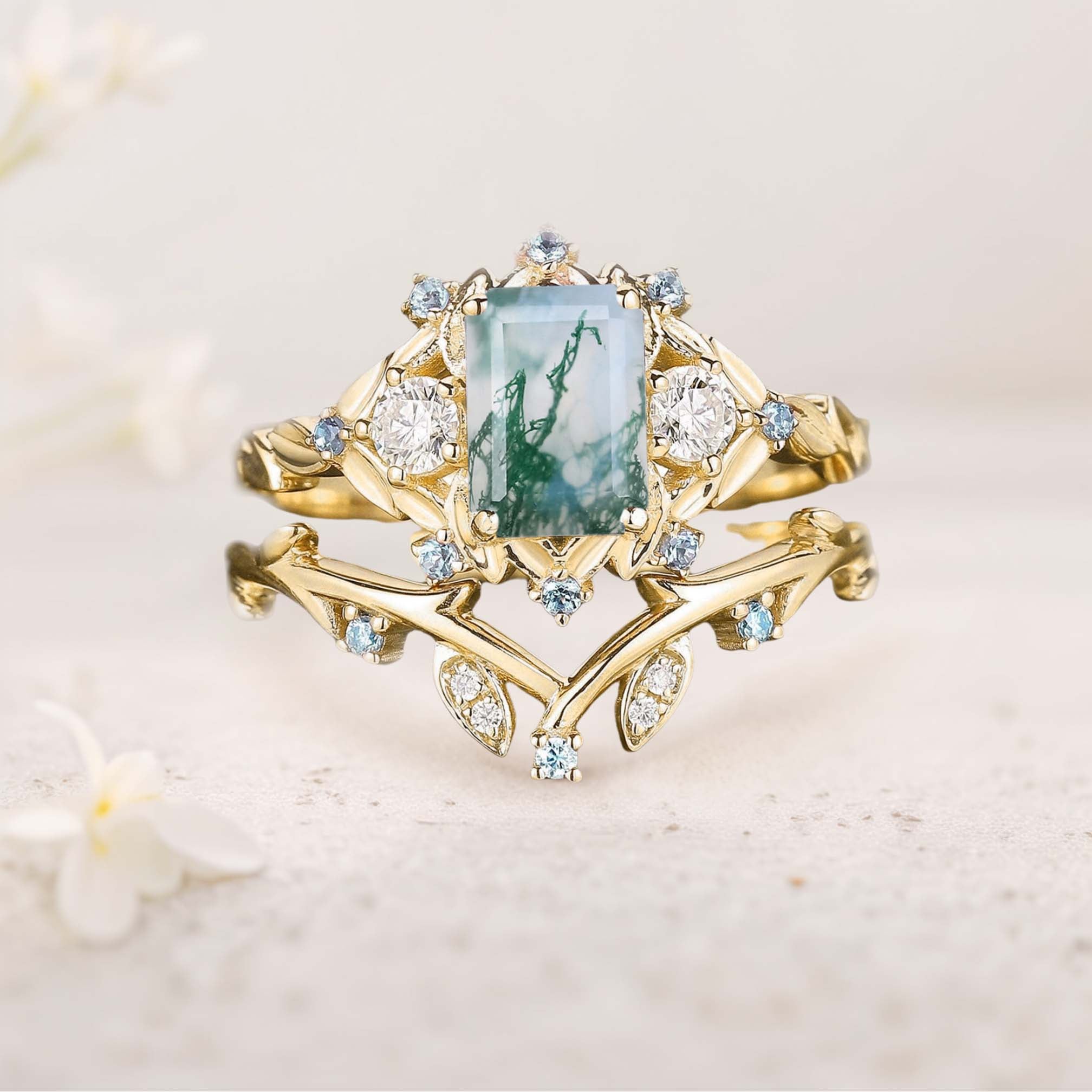 Unique floral engagement rings Emerald Cut Moss Agate Floral 18K Yellow Gold Wedding Ring Promise Bridal Set