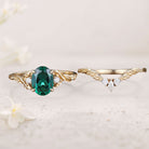 Unique floral engagement rings Nature Inspired Oval Lab Emerald 18K Yellow Gold Engagement Ring Set