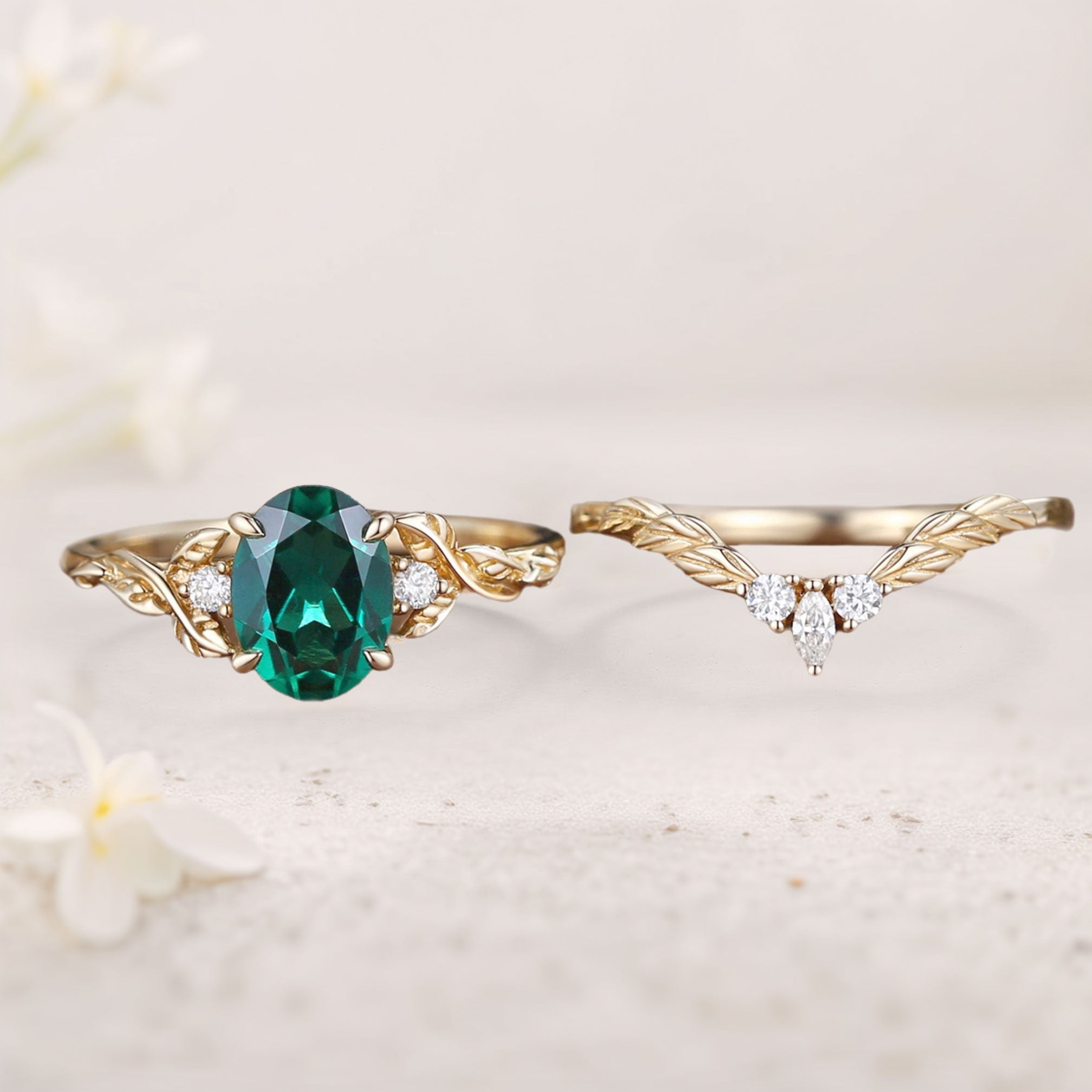 Unique floral engagement rings Nature Inspired Oval Lab Emerald 18K Yellow Gold Engagement Ring Set
