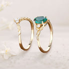 Unique floral engagement rings Nature Inspired Oval Lab Emerald 18K Yellow Gold Engagement Ring Set