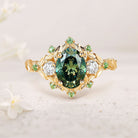 Vintage floral engagement rings Oval Green Moissanite Flower 18K Yellow Gold Engagement Ring Halo Promise Ring