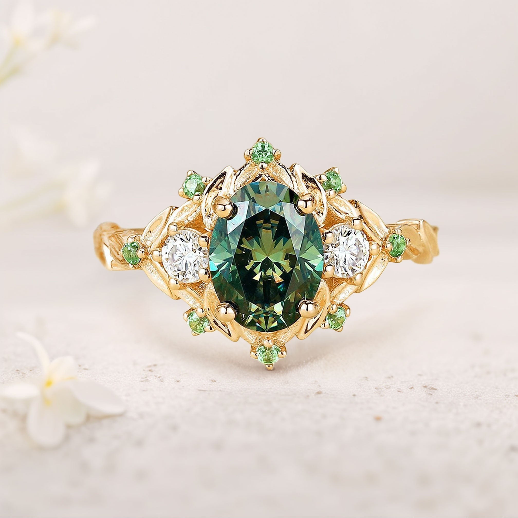 Vintage floral engagement rings Oval Green Moissanite Flower 18K Yellow Gold Engagement Ring Halo Promise Ring