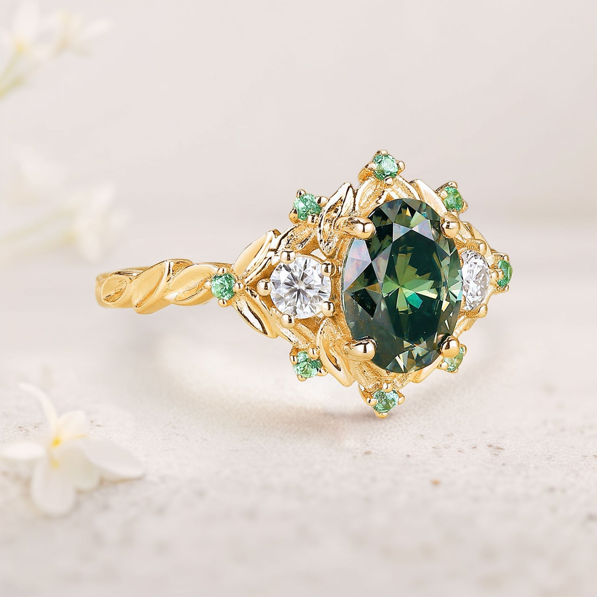 Vintage floral engagement rings Oval Green Moissanite Flower 18K Yellow Gold Engagement Ring Halo Promise Ring