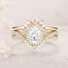 Vintage floral engagement rings Pear Moissanite and Pearl Halo 18K Yellow Gold Infinity Ring Set