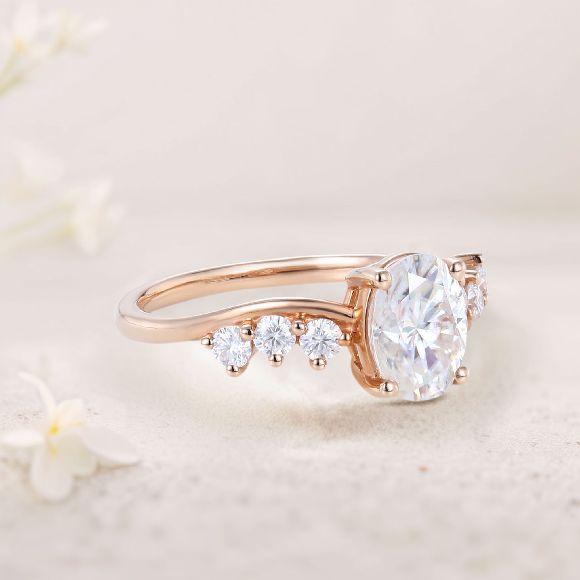 Unique Oval Moissanite 18K Rose Gold Engagement Ring Swirling Romance Bridal Ring