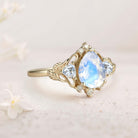 Unique Pear Lab Moonstone and Moissanite side stones Leaf Ring 18K Yellow Gold Engagement Ring