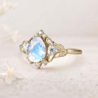Unique Pear Lab Moonstone and Moissanite side stones Leaf Ring 18K Yellow Gold Engagement Ring