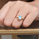 Unique Pear Lab Moonstone and Moissanite side stones Leaf Ring 18K Yellow Gold Engagement Ring