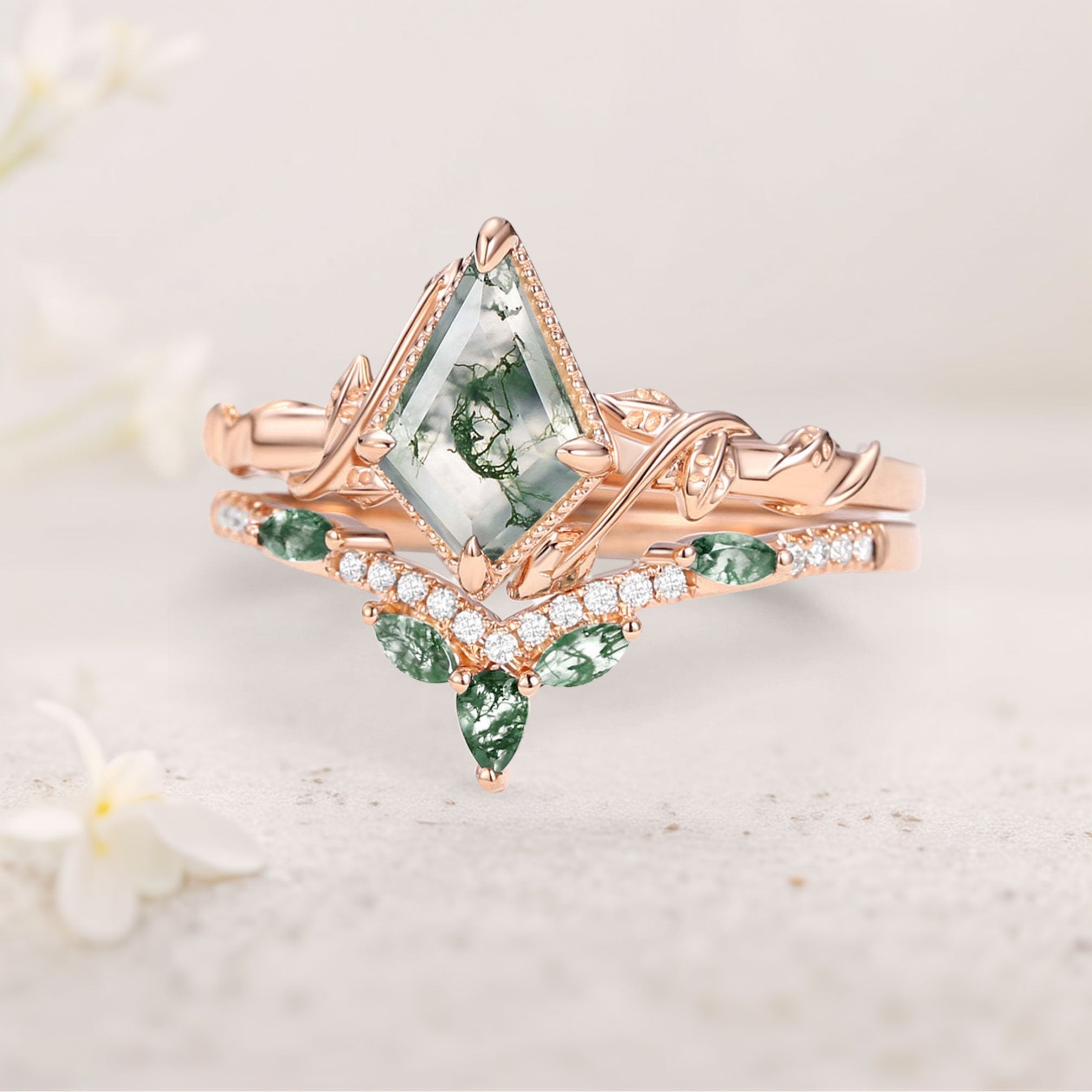 Unique floral engagement rings Vine Kite Moss Agate Leafy 18K Yellow Gold Engagement Ring Set