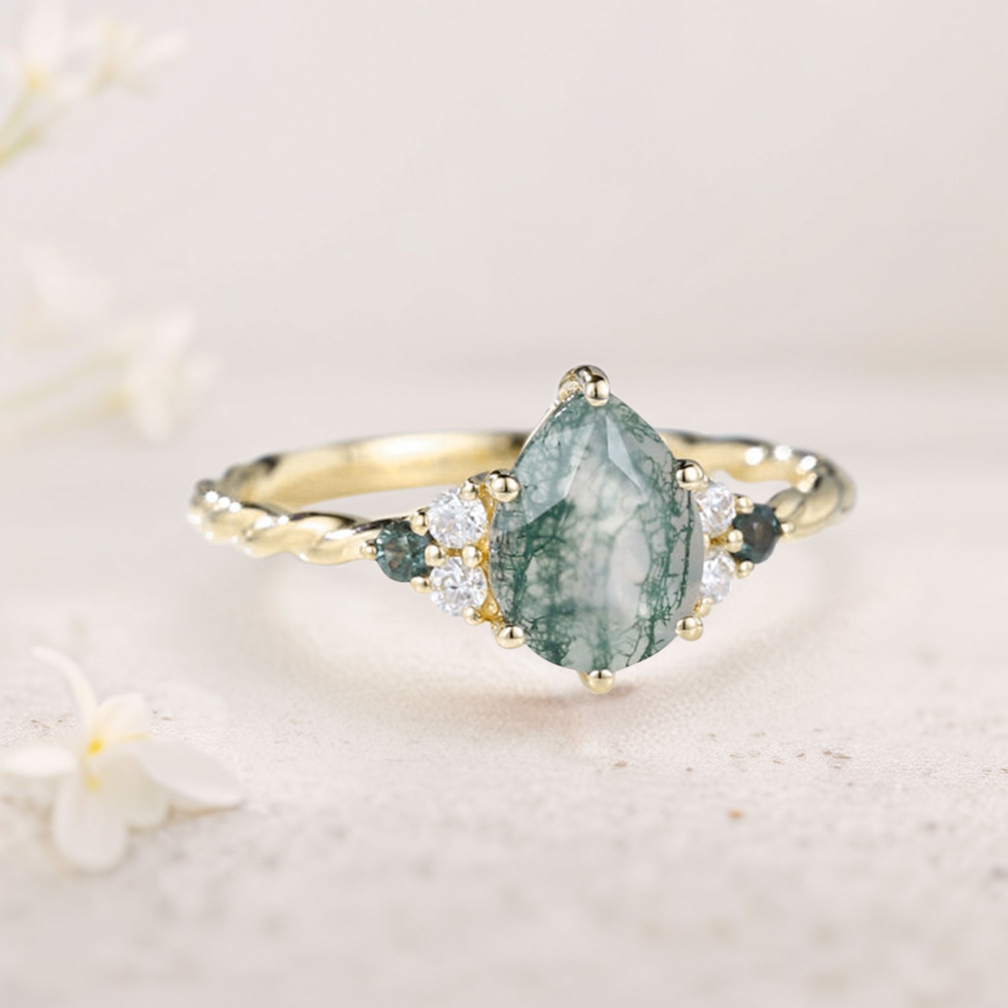 Vintage Pear Moss Agate Twisted 18K Yellow Gold Engagement Ring