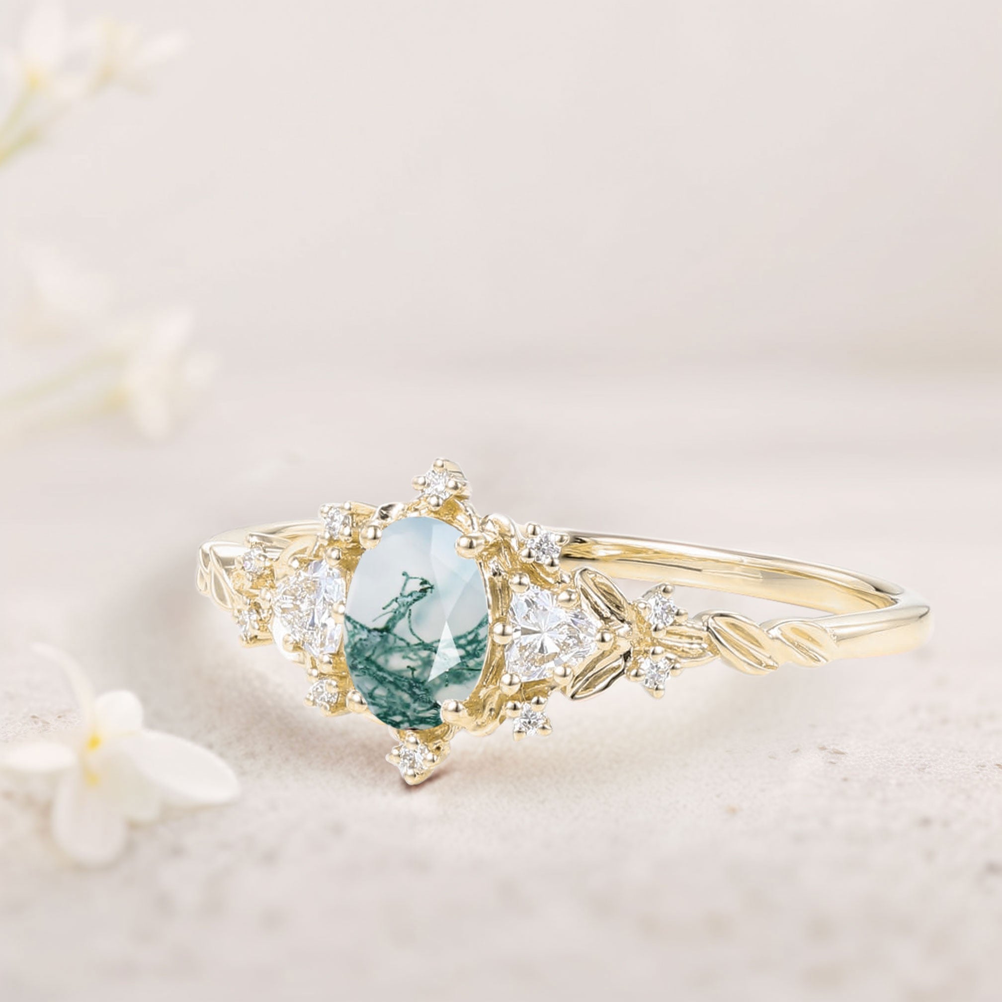 Classic Briar Rose Oval Moss Agate Olive Leaves 18K Yellow Gold Engagement Ring Fairy Ring