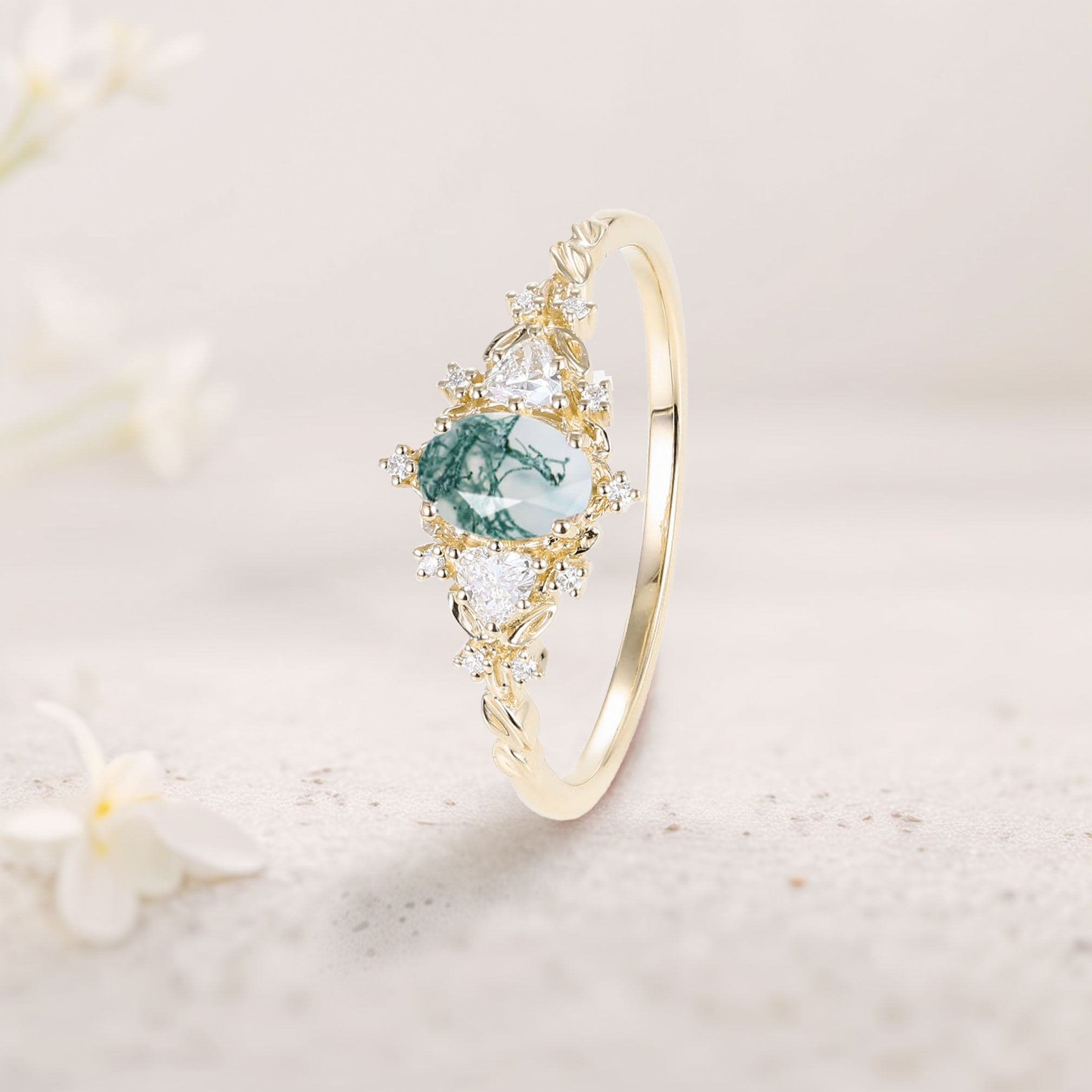 Classic Briar Rose Oval Moss Agate Olive Leaves 18K Yellow Gold Engagement Ring Fairy Ring