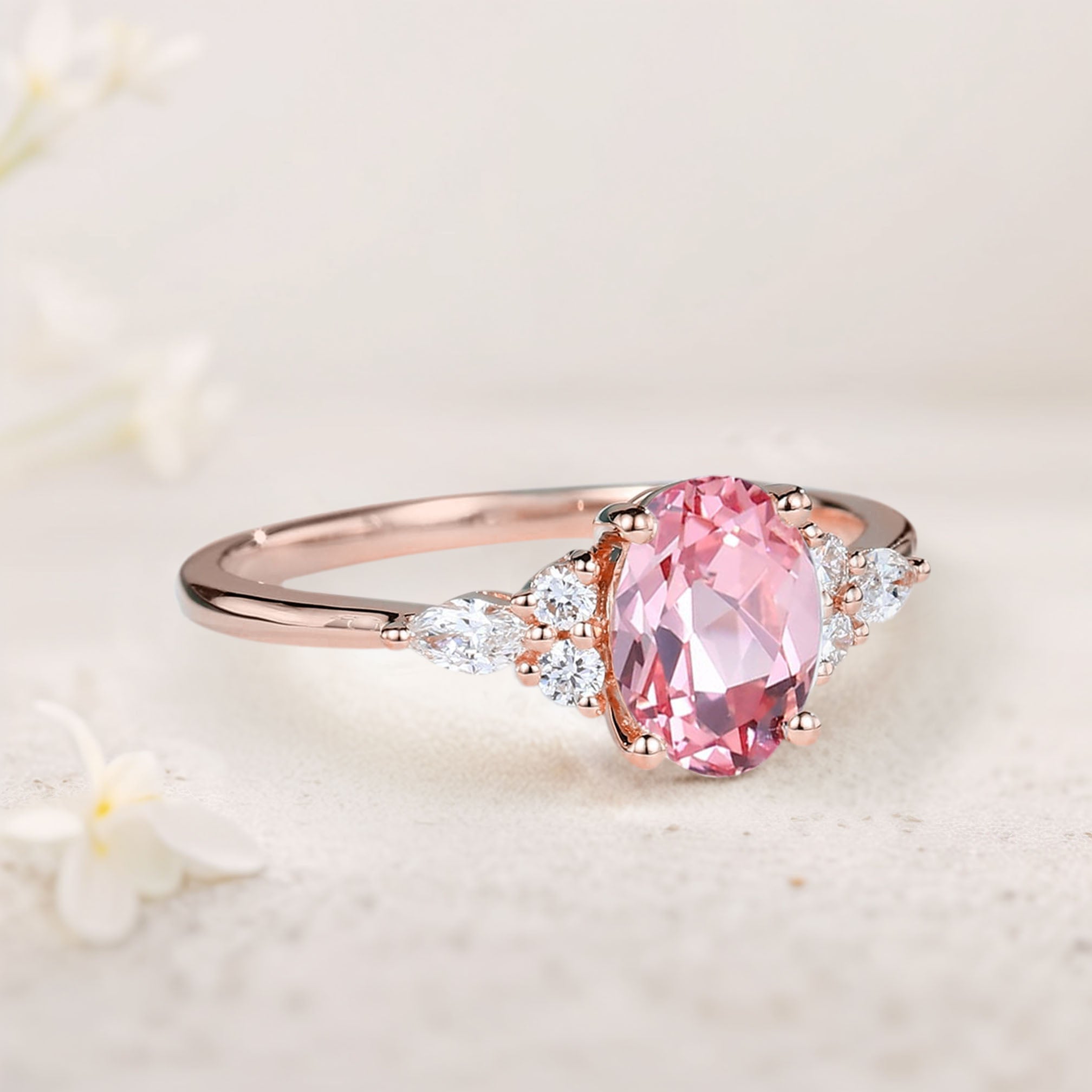 Vintage Oval Lab Padparadscha Cluster 18K Rose Gold Engagement Ring 
