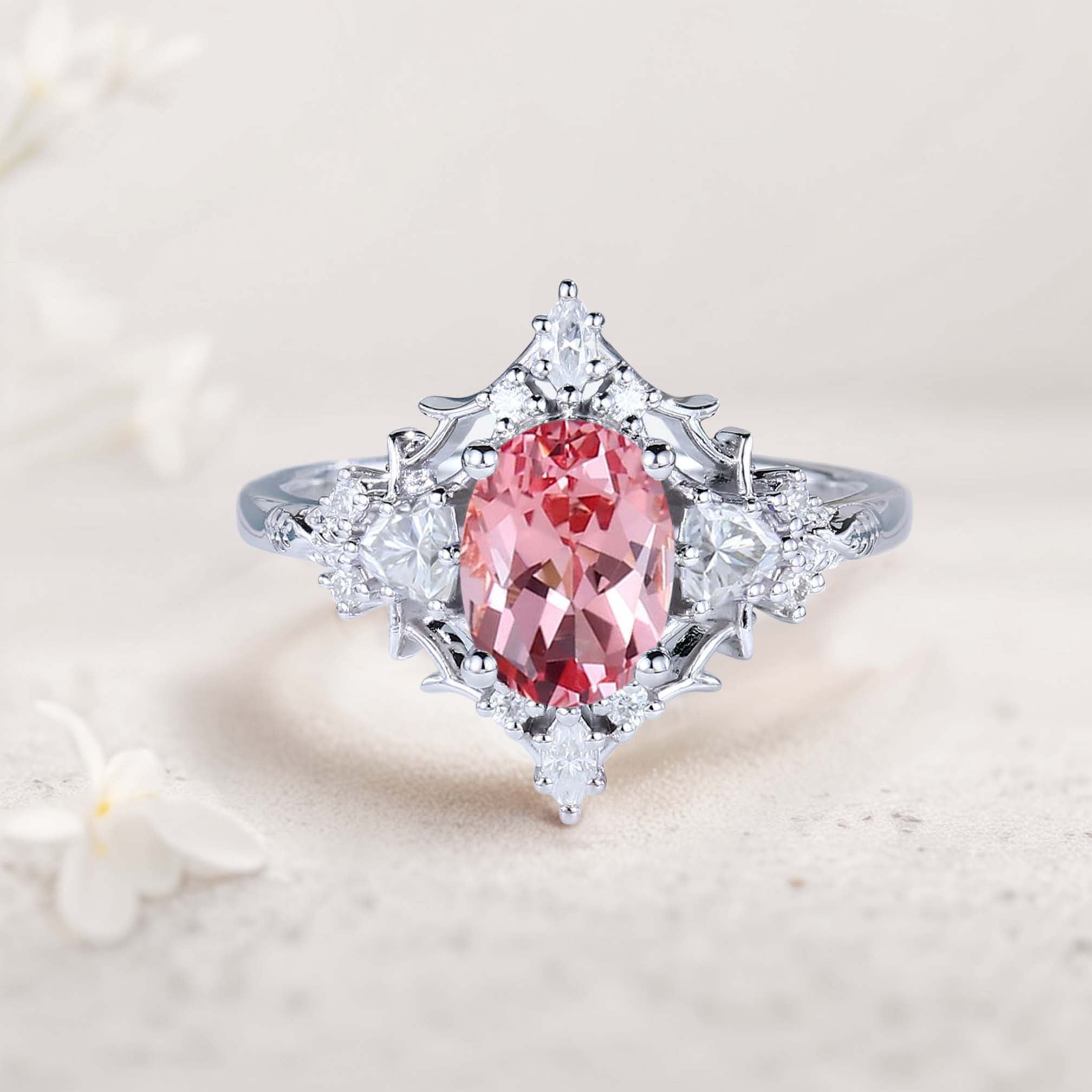 Vintage Briar Rose Oval Lab padparadscha and Moissanite 18K White Gold Engagement Ring Filigree Ring