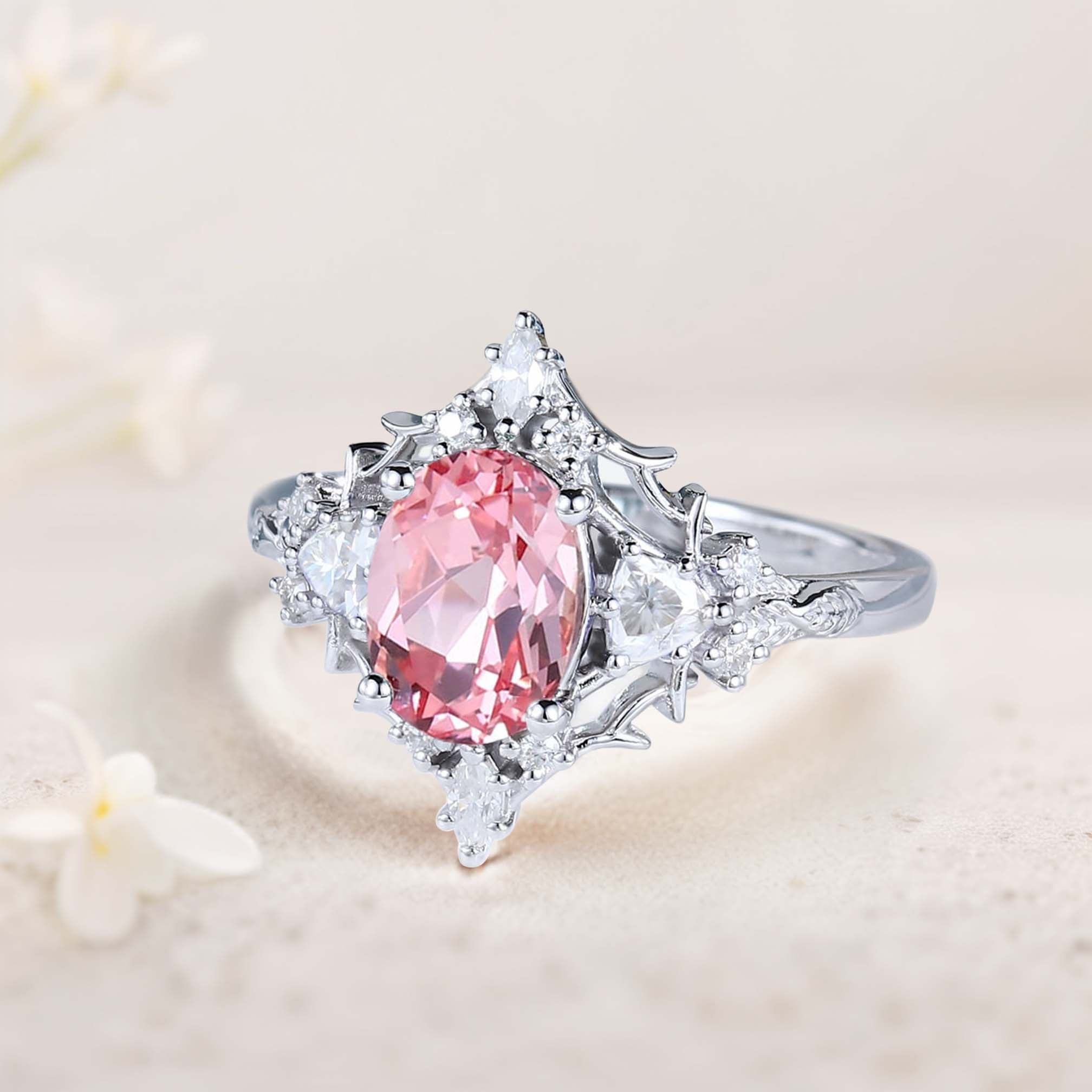 Vintage Briar Rose Oval Lab padparadscha and Moissanite 18K White Gold Engagement Ring Filigree Ring